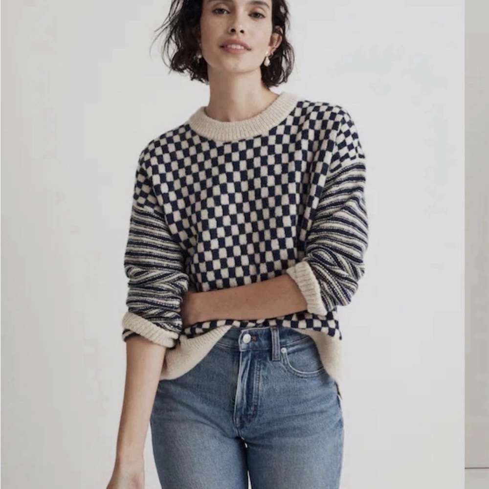 Madewell Navy and Cream Checkered Sweater